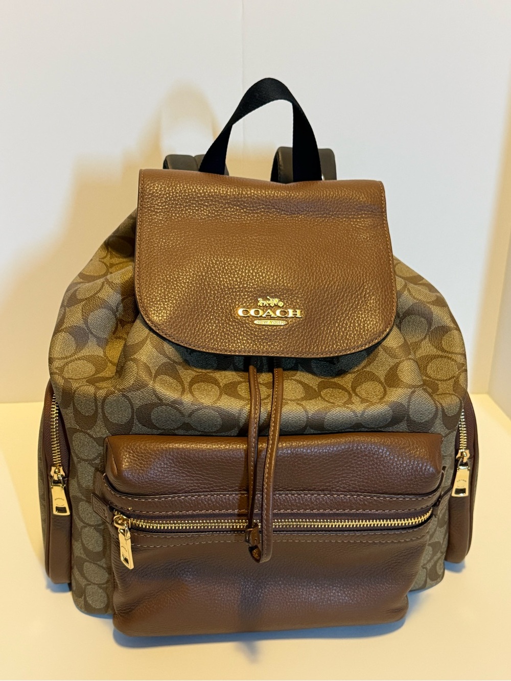 Coach Brown Signature Canvas & Leather Drawstring Backpack with Gold Hardware